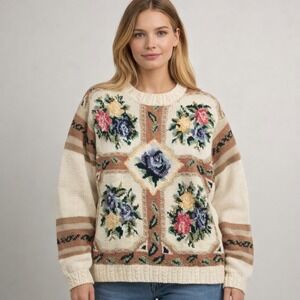 Crystal Kobe‎ Vintage Floral Knit Sweater Womens Petite Medium Cottagecore Ramie